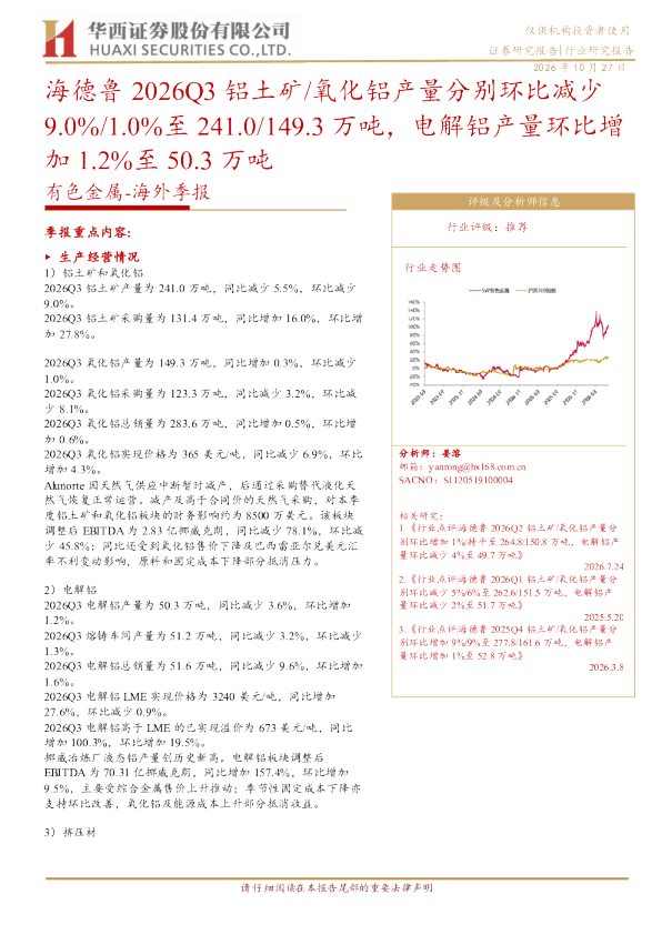 海德鲁2026Q3铝土矿/氧化铝产量分别环比减少9.0%/1.0%至241.0/149.3万吨，电解铝产量环比增加1.2%至50.3万吨