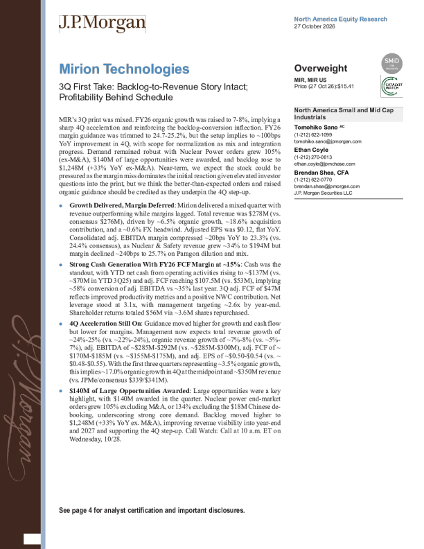 Mirion Technologies 3季度初评：订单转化逻辑未变，盈利能力进度落后