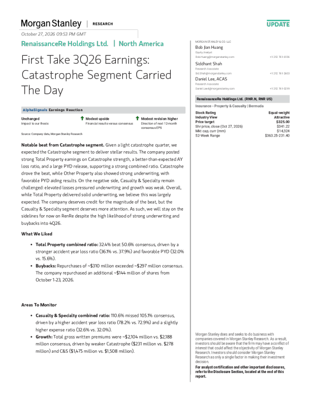 摩根士丹利_RenaissanceRe Holdings Ltd. 2026年第三季度业绩速评：巨灾业务撑起业绩
