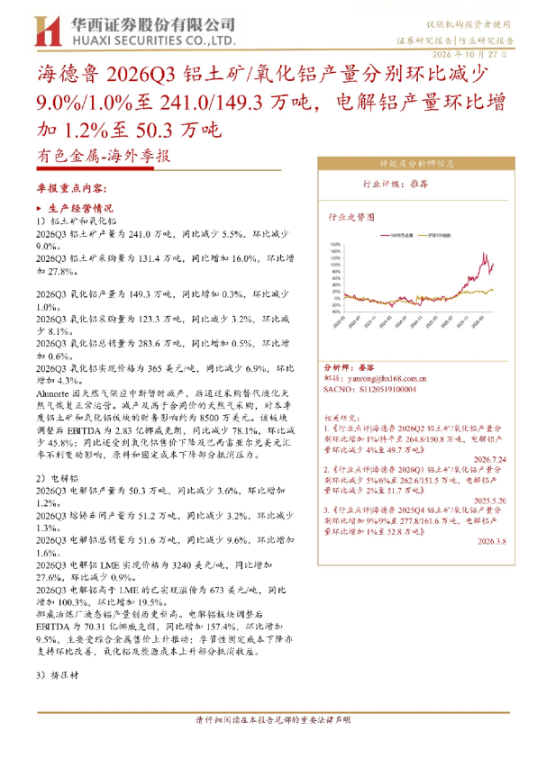 海德鲁2026Q3铝土矿/氧化铝产量分别环比减少9.0%/1.0%至241.0/149.3万吨 电解铝产量环比增加1.2%