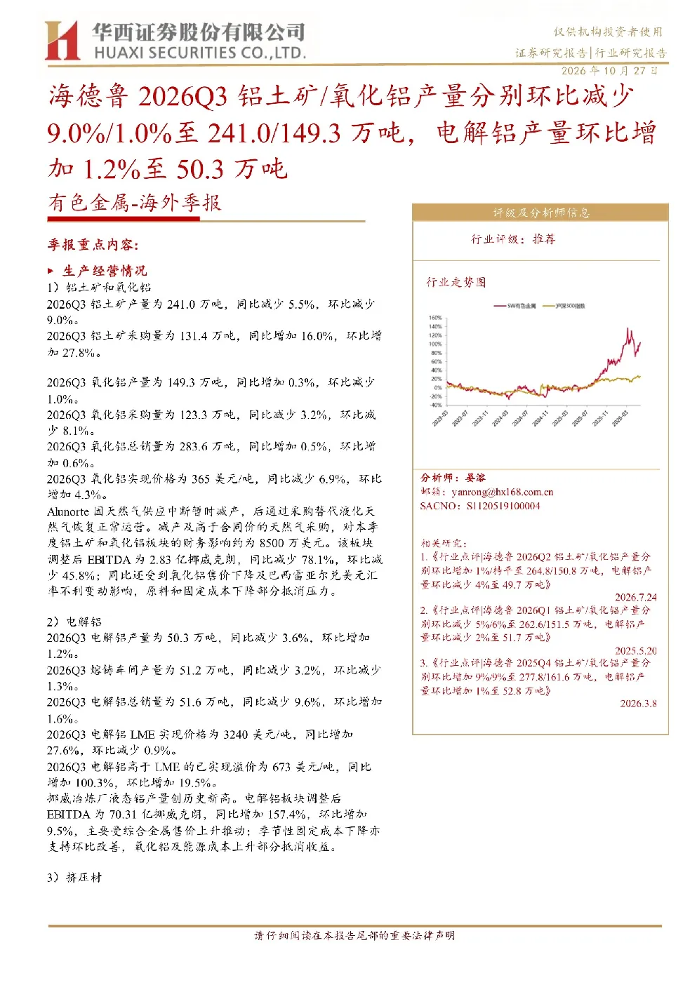 海德鲁2026Q3铝土矿/氧化铝产量分别环比减少9.0%/1.0%至241.0/149.3万吨 电解铝产量环比增加1.2%