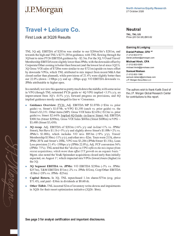 Travel + Leisure Co.：2026年第三季度业绩初览