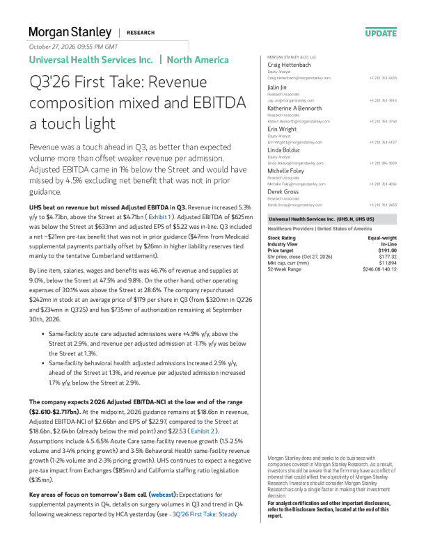 Universal Health Services Inc. 北美：3Q26快评，收入结构混合，EBITDA略低