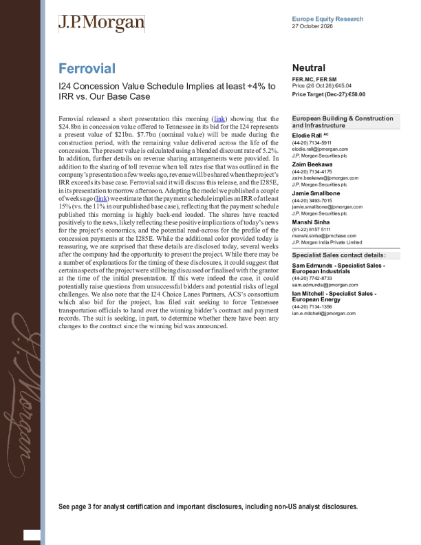 Ferrovial：I24特许权价值安排意味着IRR较基准情形至少高4%