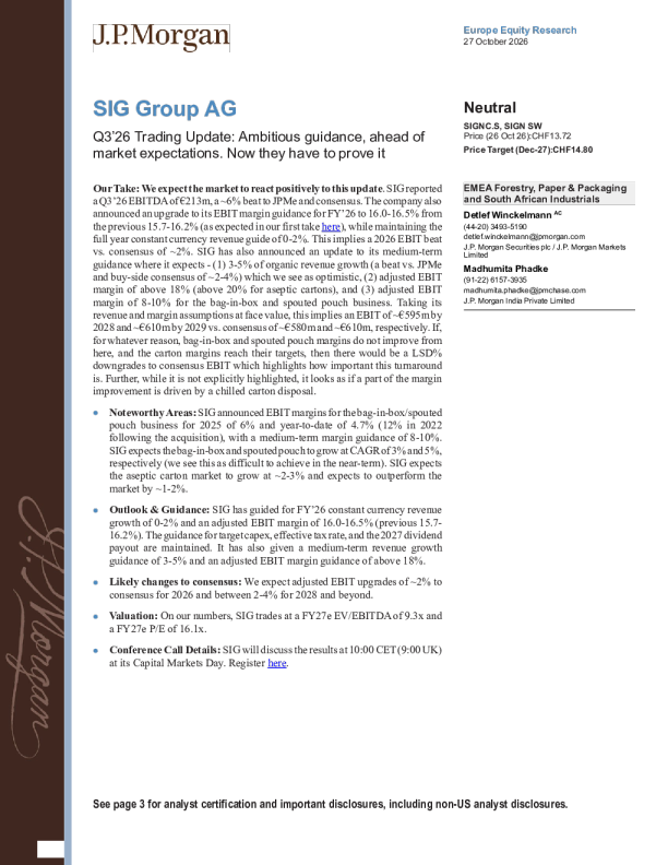 摩根大通_SIG Group AG：2026年第三季度经营更新：目标宏伟且超市场预期，如今需兑现