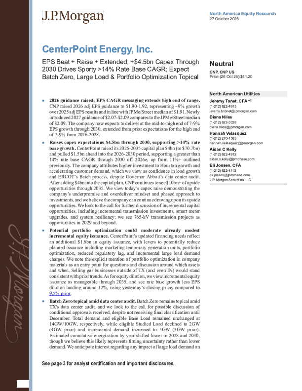 摩根大通：CenterPoint Energy EPS超预期并上调指引，2030年前新增45亿美元资本支出