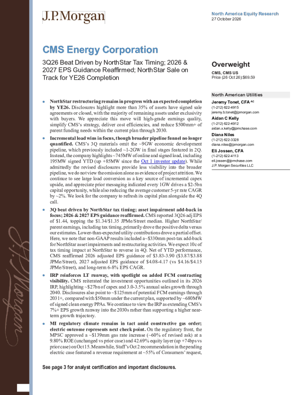 CMS Energy2026年第三季度超预期源于NorthStar税收时点；2026及2027年每股收益指引重申