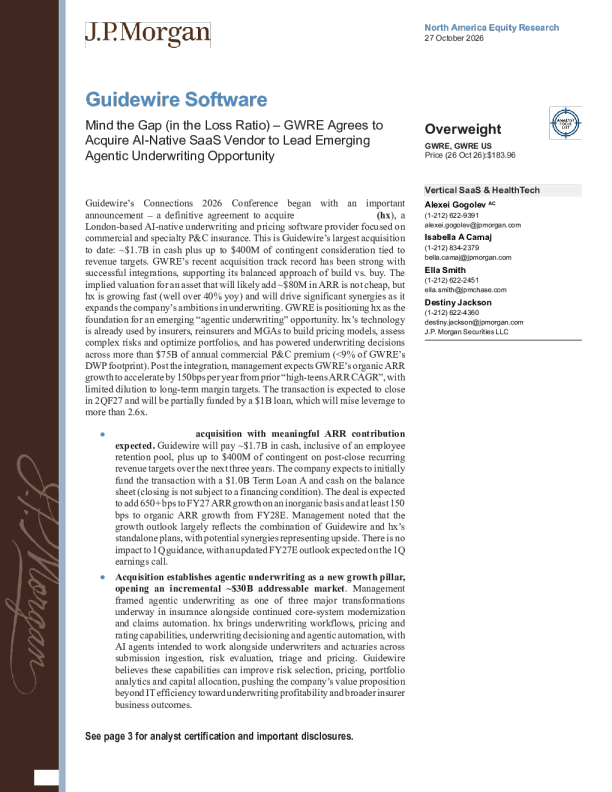 摩根大通_Guidewire Software：关注赔付率缺口 GWRE同意收购AI原生SaaS服务商领跑新兴智能承保机遇