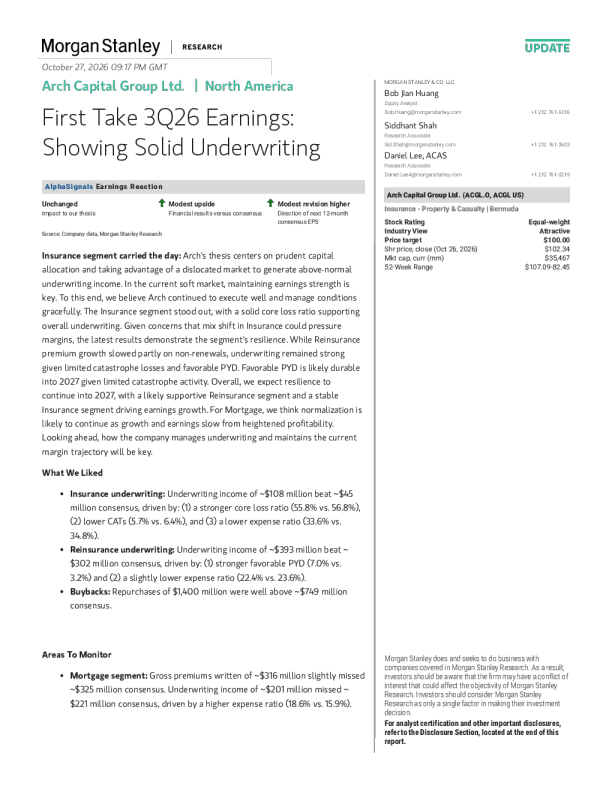Arch Capital Group Ltd. 3Q26业绩速评：承保表现稳健