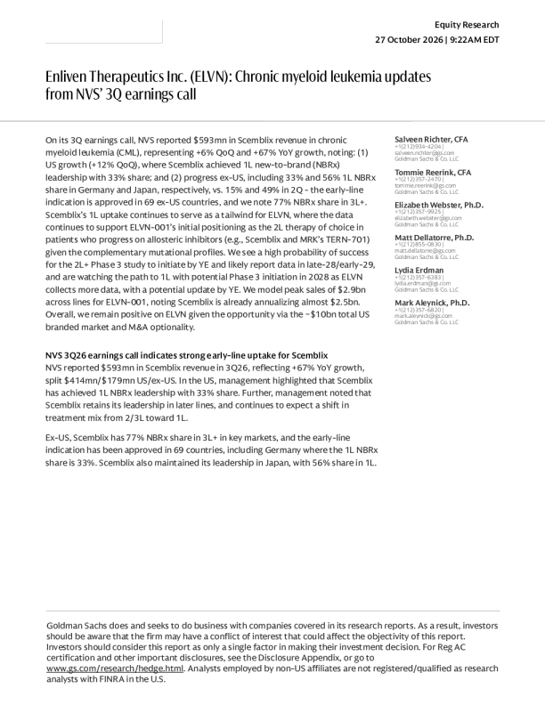 Enliven Therapeutics (ELVN)：诺华三季度电话会慢性髓性白血病进展更新