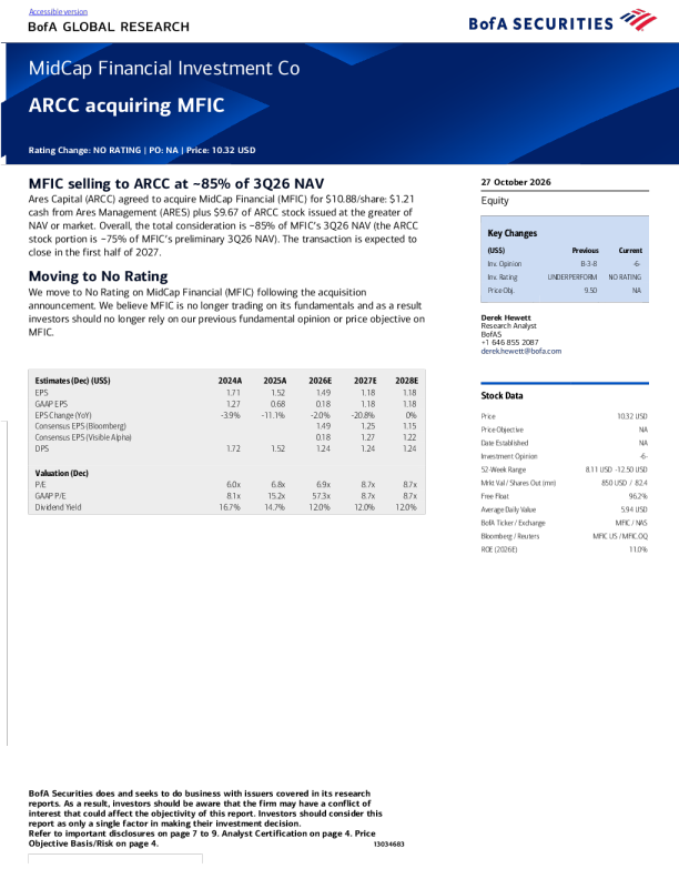 MidCap Financial Investment Co：ARCC收购MFIC，估值约为2026年第三季度净资产的85%