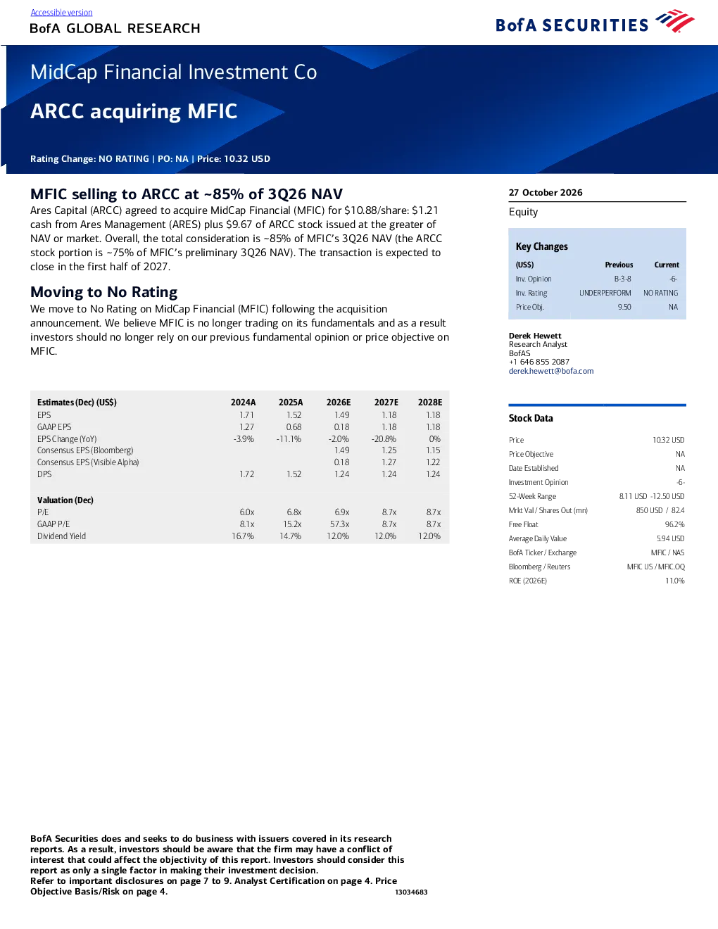 MidCap Financial Investment Co：ARCC收购MFIC，估值约为2026年第三季度净资产的85%