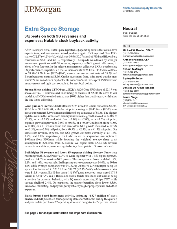 摩根大通: Extra Space Storage三季度同店收入与费用双达标，回购活动显著