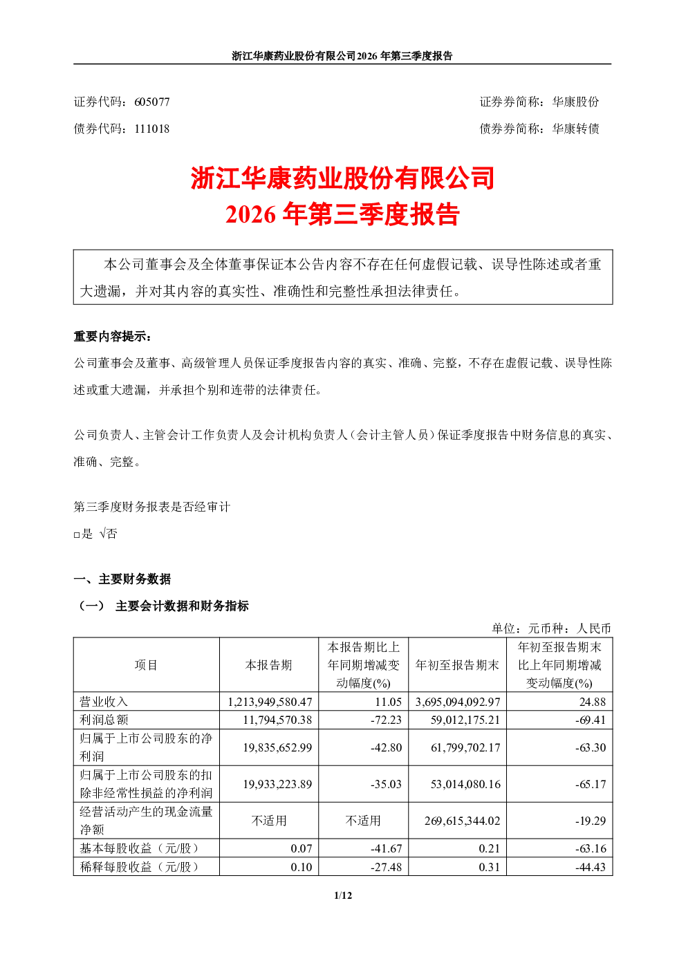 华康股份：2026年第三季度报告
