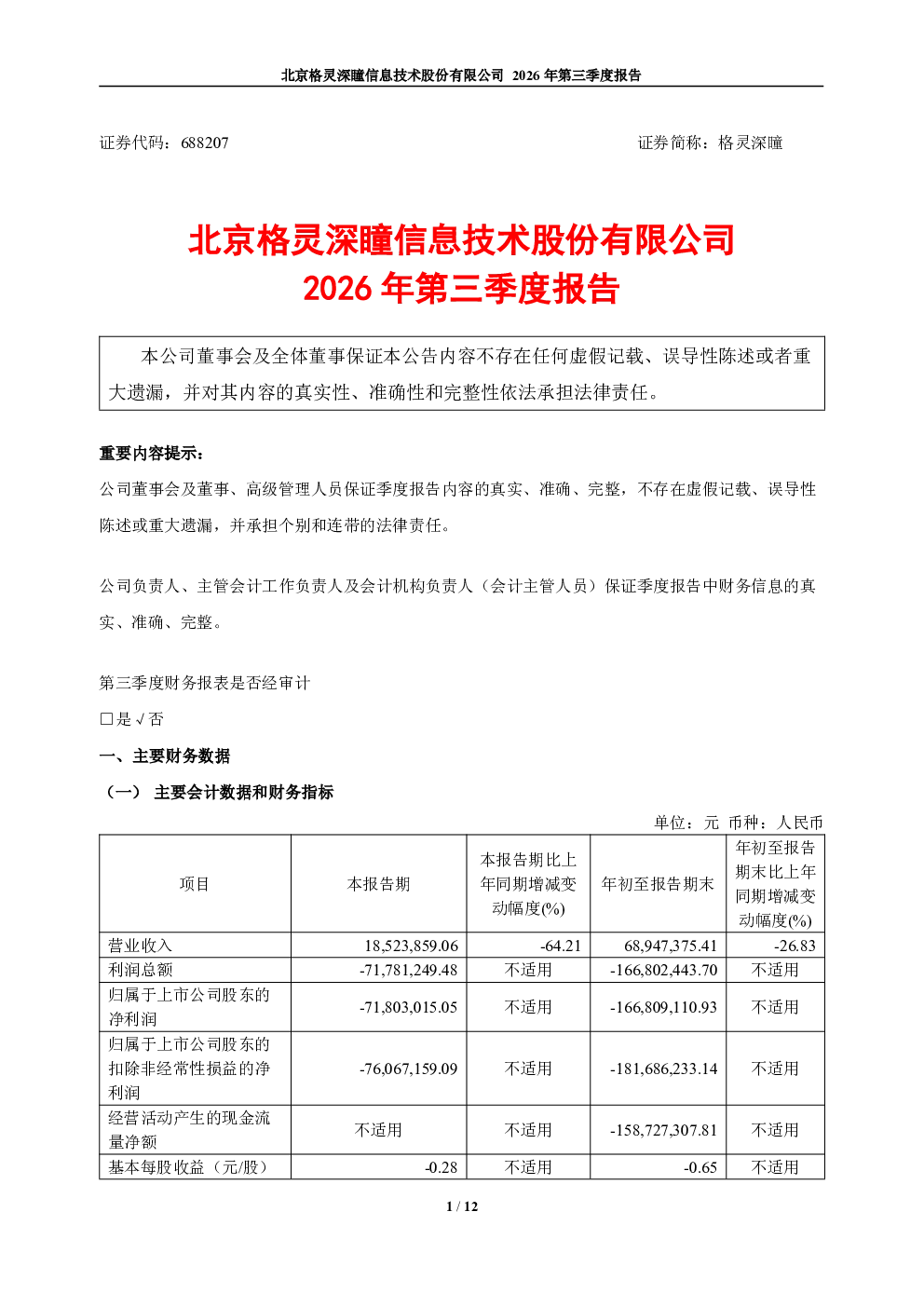 格灵深瞳：2026年第三季度报告
