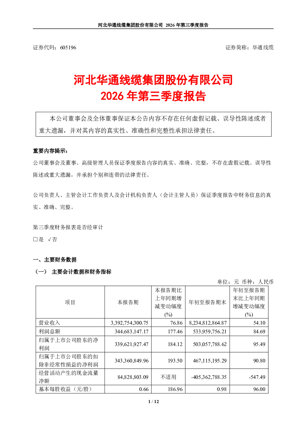 华通线缆：2026年第三季度报告