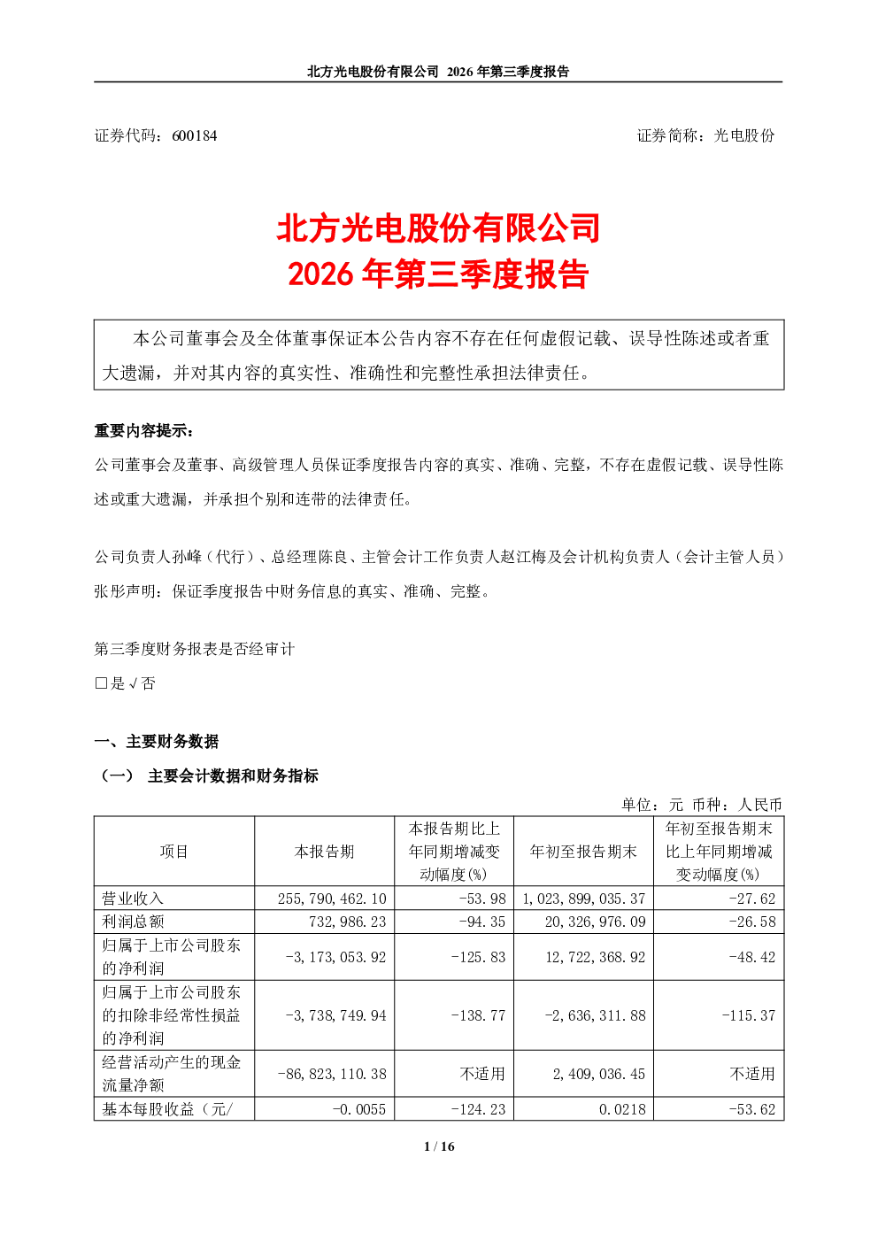 光电股份：2026年第三季度报告