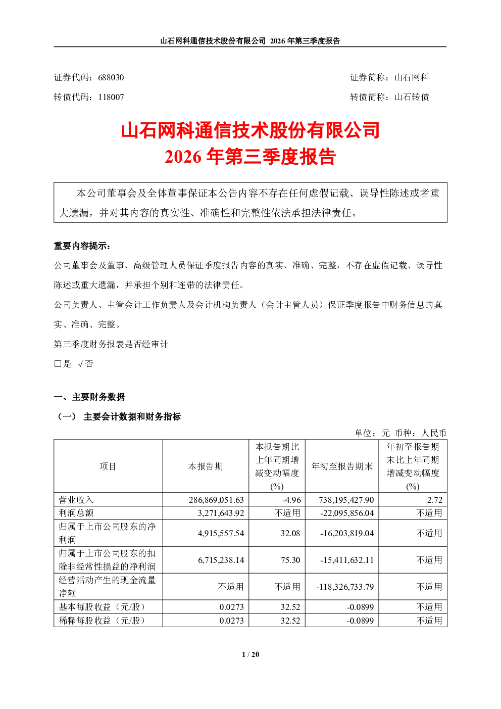 山石网科：2026年第三季度报告