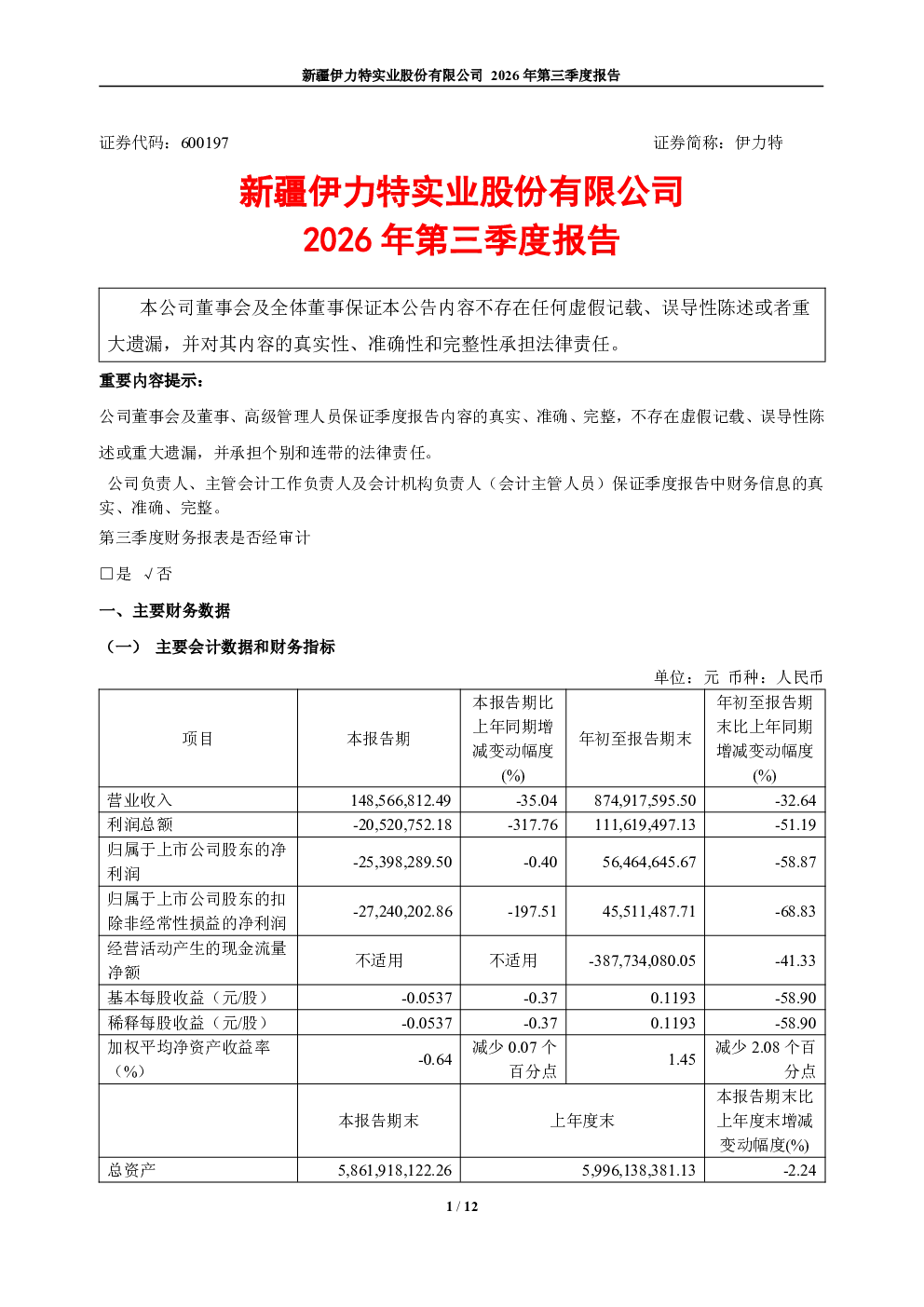 伊力特：2026年第三季度报告