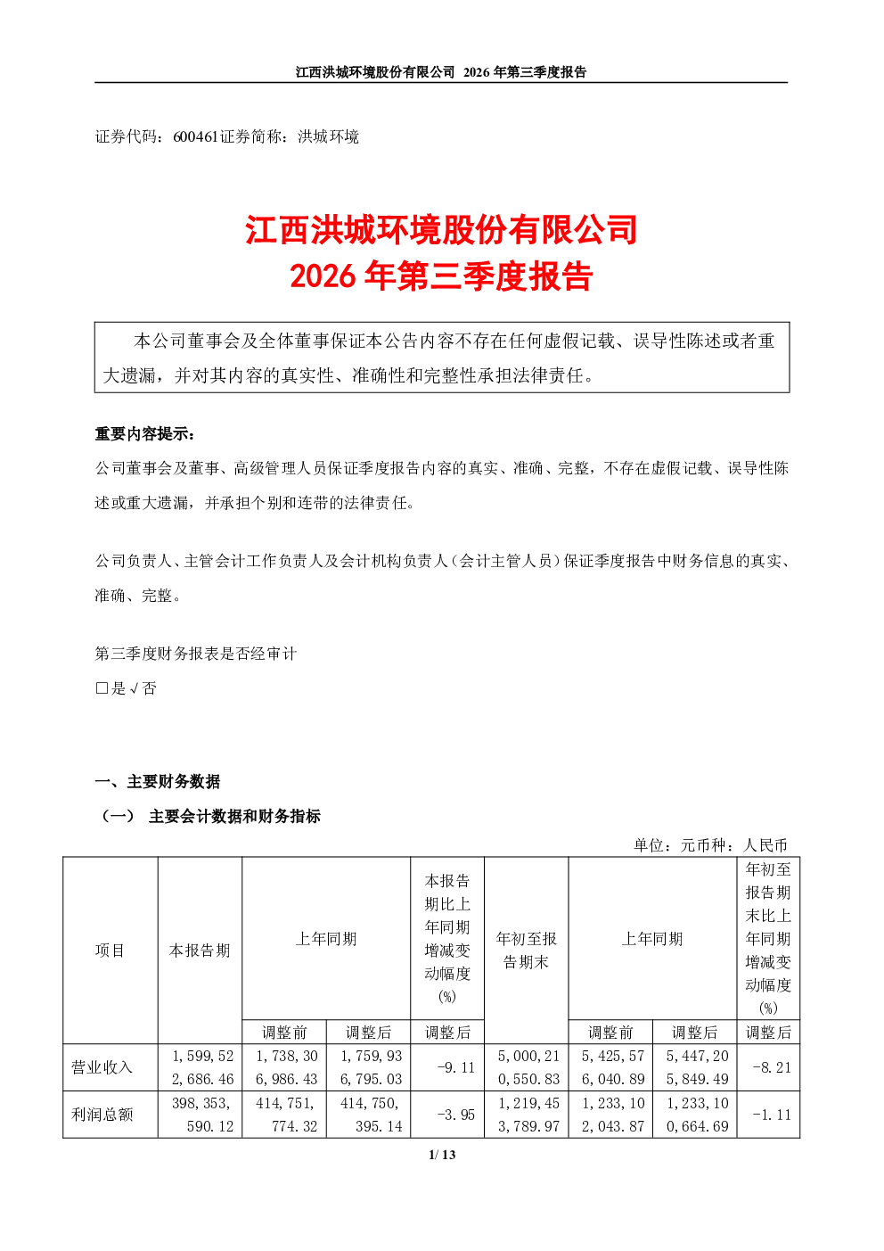 洪城环境：2026年第三季度报告