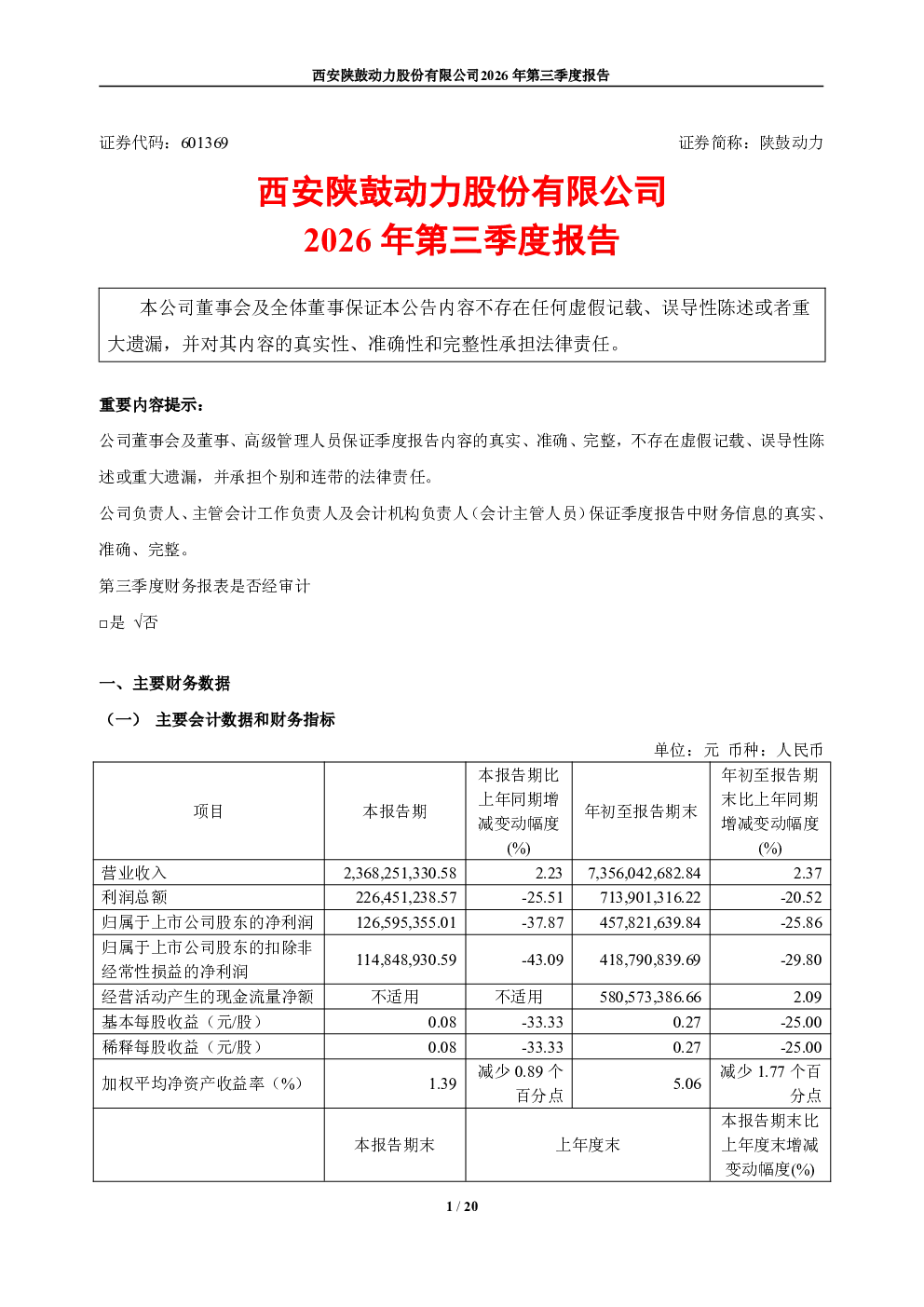 陕鼓动力：2026年第三季度报告