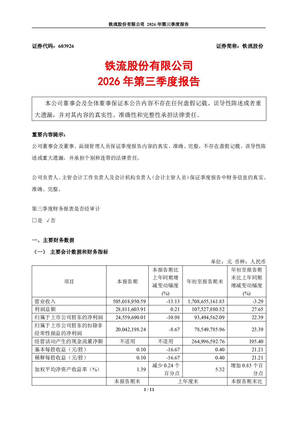 铁流股份：2026年第三季度报告