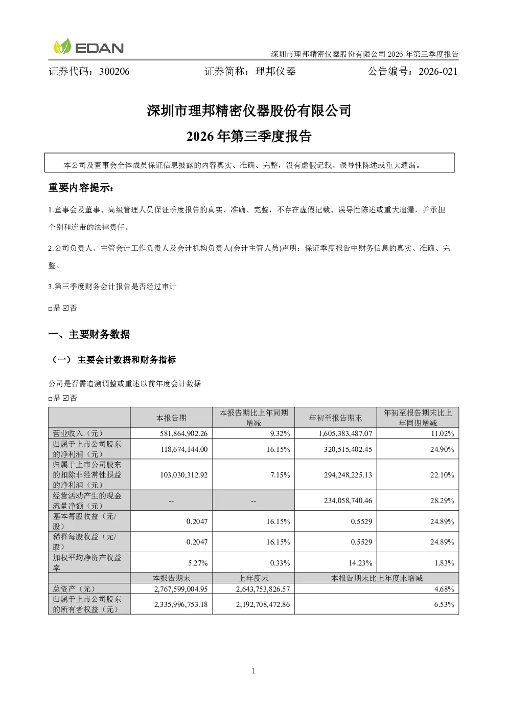 理邦仪器：2026年第三季度报告