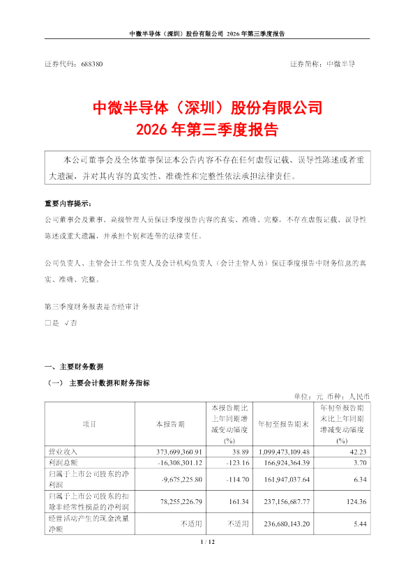 中微半导：2026年第三季度报告