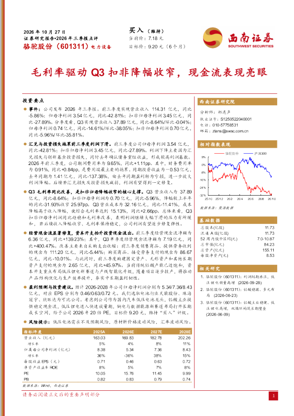 毛利率驱动Q3扣非降幅收窄，现金流表现亮眼