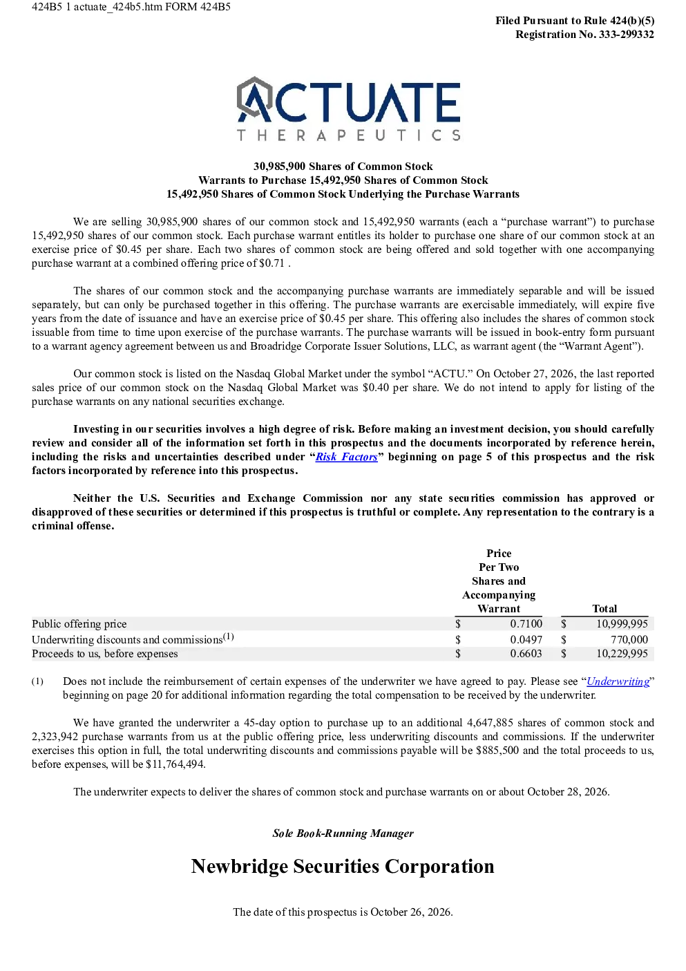 Actuate Therapeutics Inc美股招股说明书(2026-10-28版)