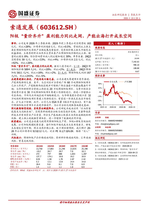 索通发展：阳极量价齐升盈利能力同比走阔 产能出海打开成长空间
