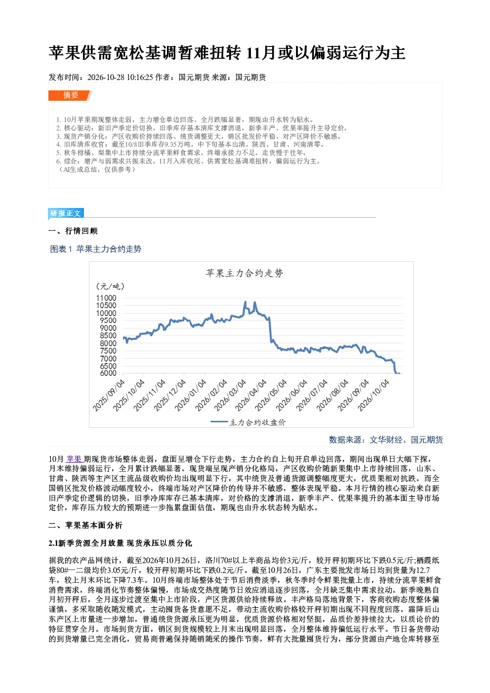 苹果供需宽松基调暂难扭转 11月或以偏弱运行为主