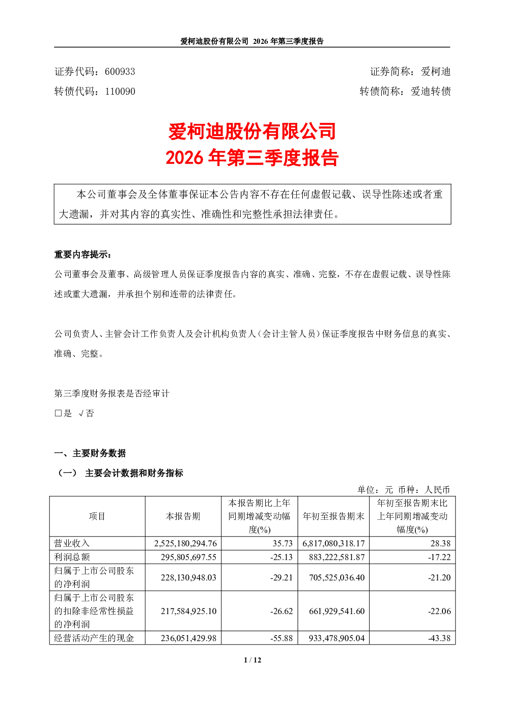 爱柯迪：2026年第三季度报告