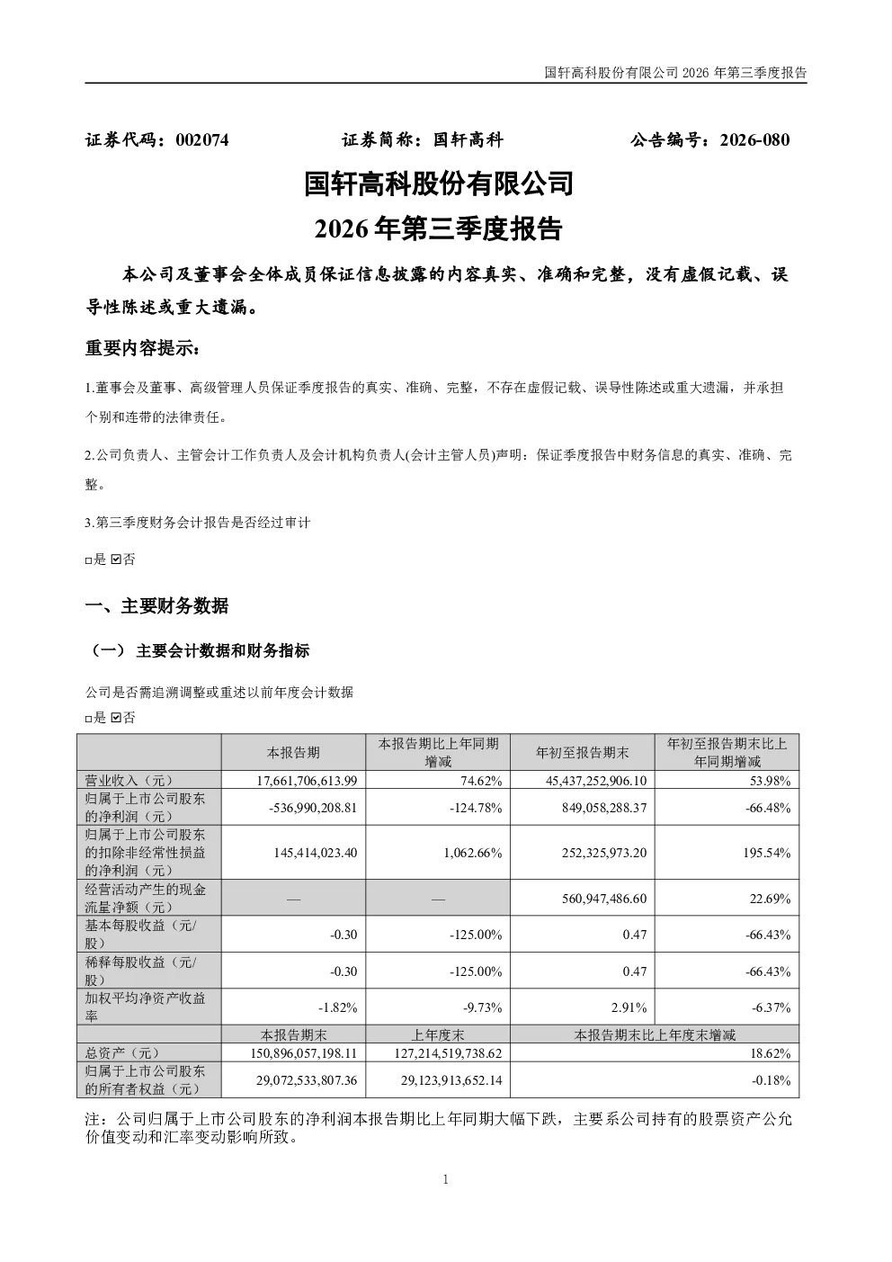 国轩高科：2026年第三季度报告