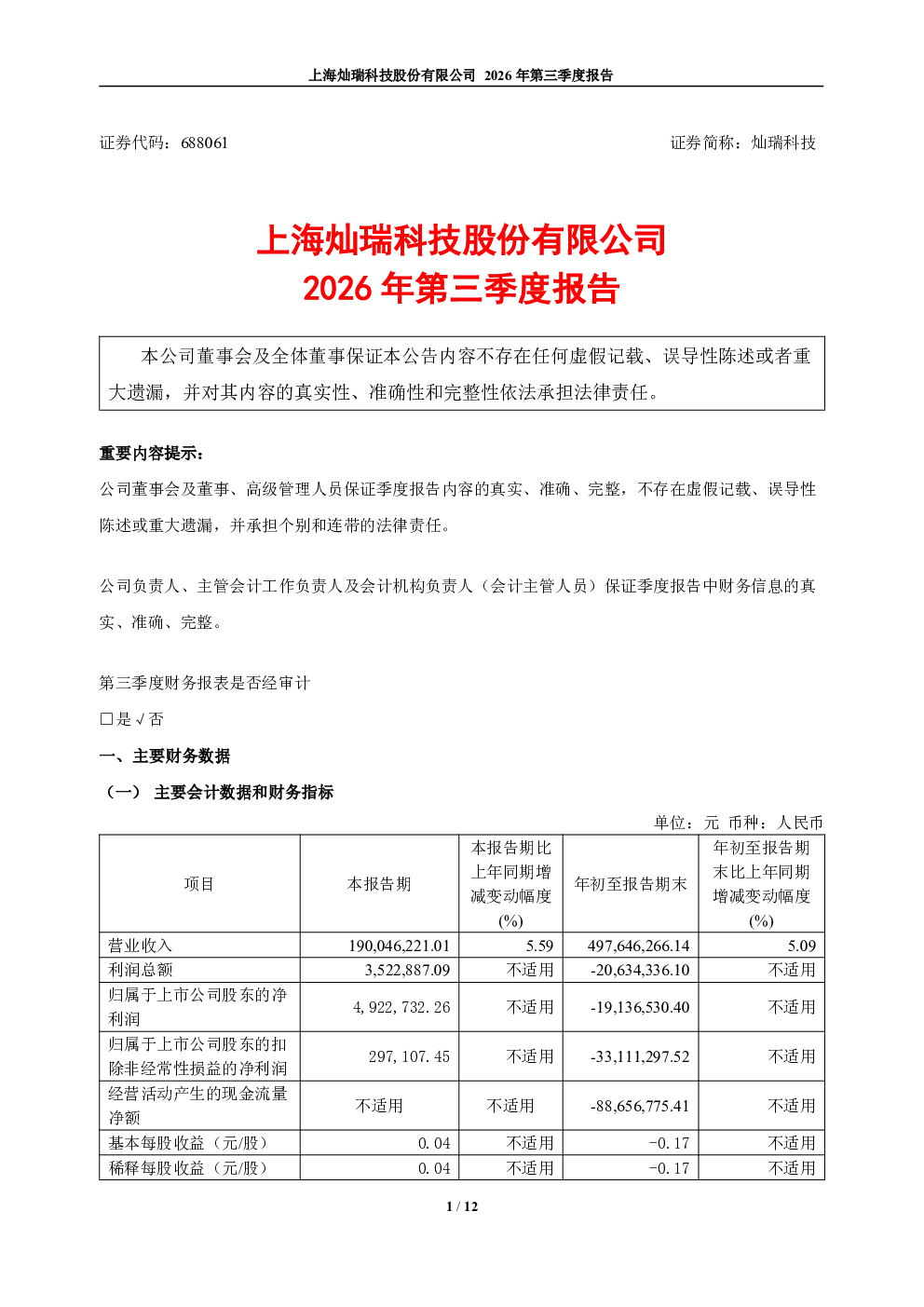 灿瑞科技：2026年第三季度报告