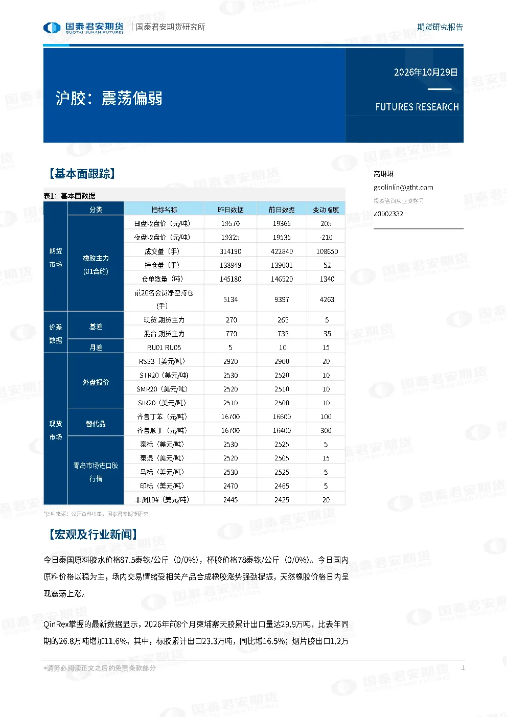 沪胶：震荡偏弱
