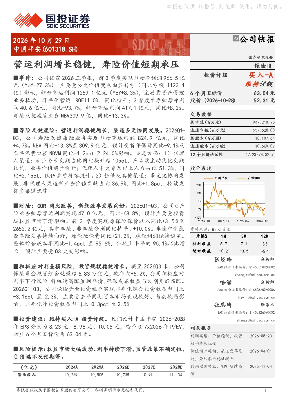中国平安(601318.SH)：营运利润增长稳健，寿险价值短期承压