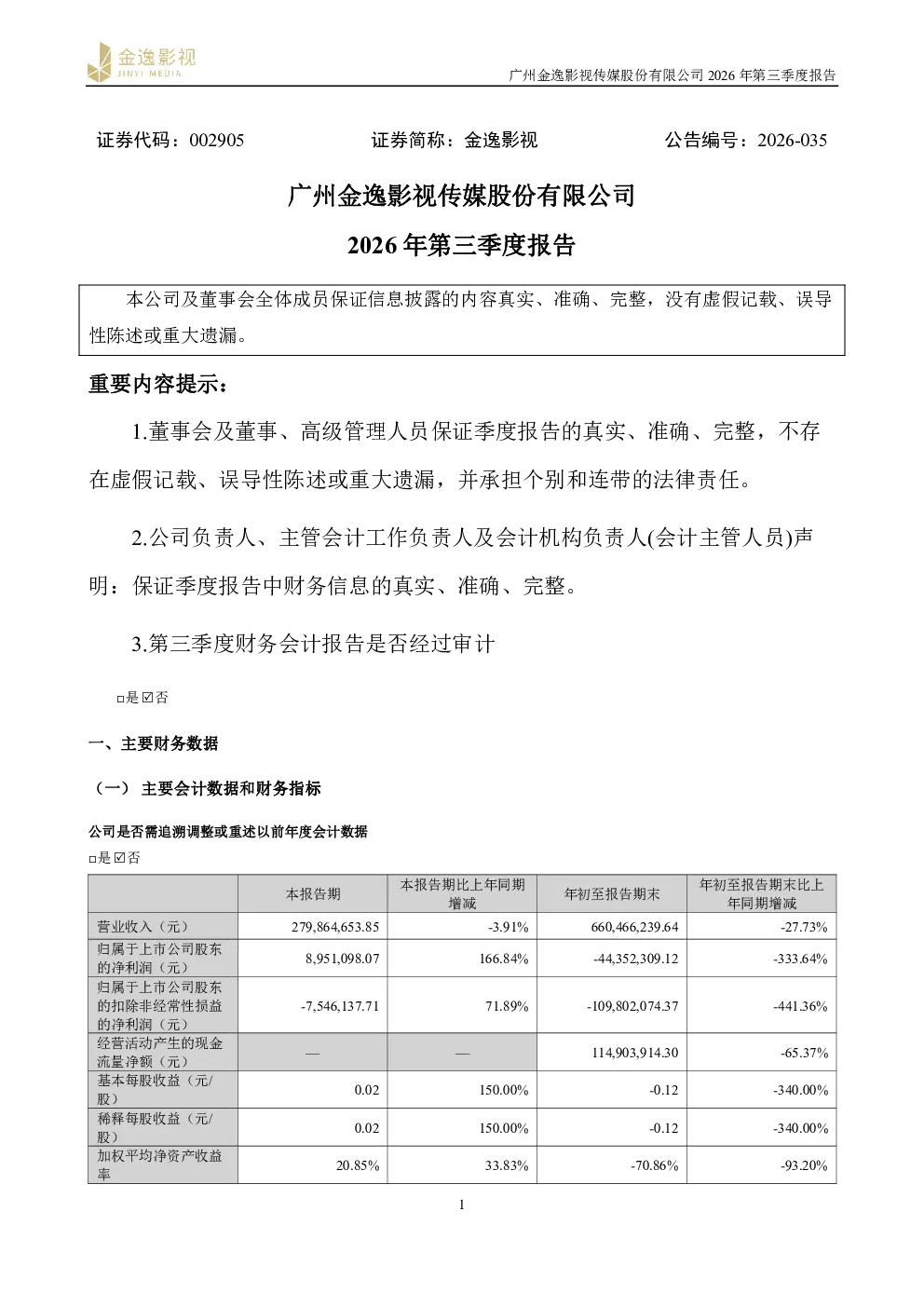 金逸影视：2026年第三季度报告