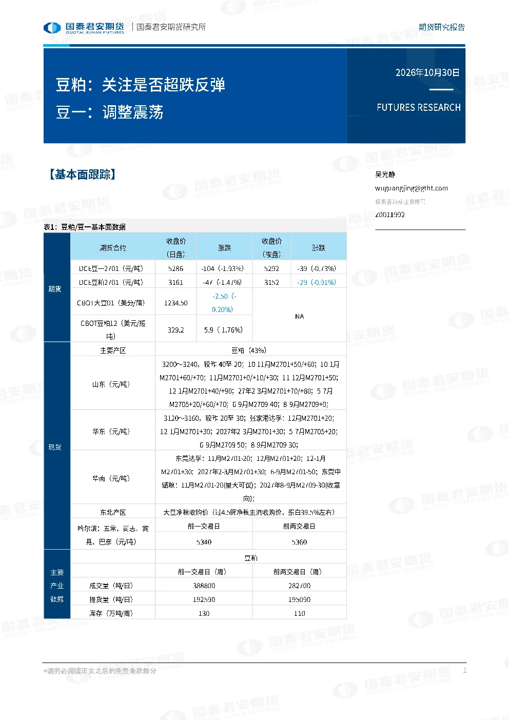 豆粕：关注是否超跌反弹 豆一：调整震荡
