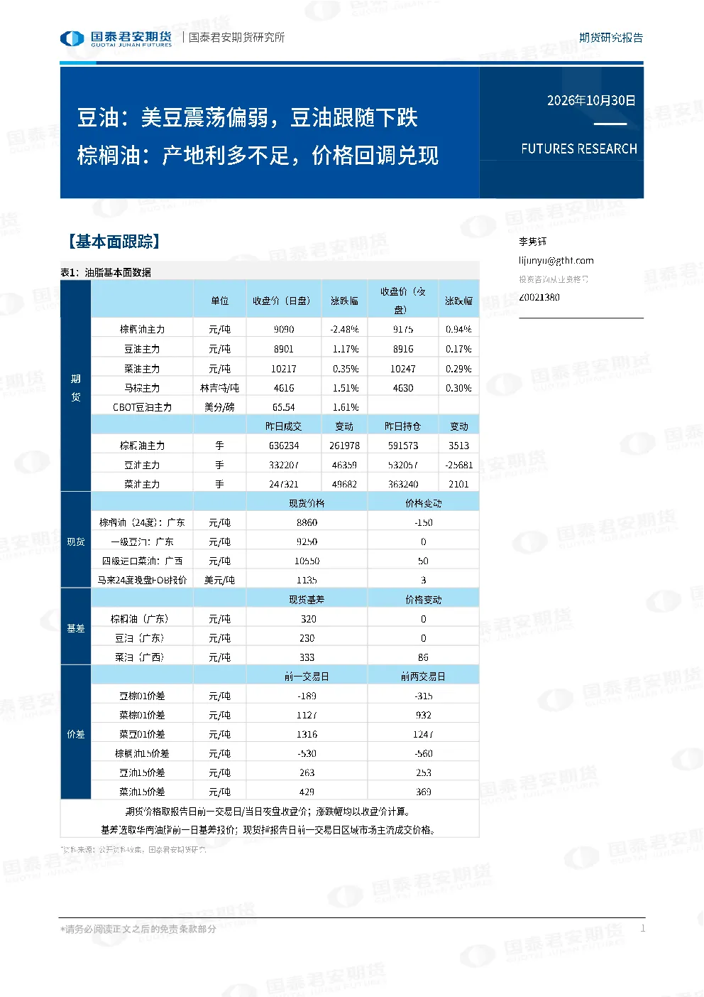 豆油：美豆震荡偏弱，豆油跟随下跌 棕榈油：产地利多不足，价格回调兑现