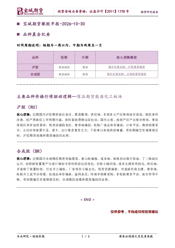 宝城期货橡胶早报-2026-10-30