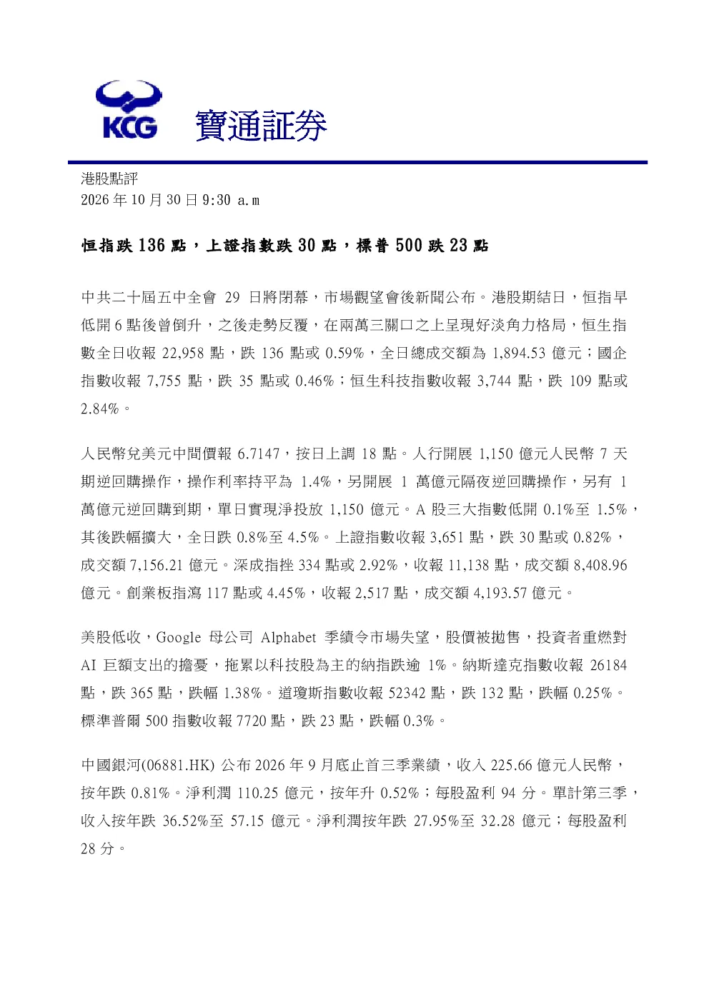 恒指跌136點，上證指数跌30點，標普500跌23點