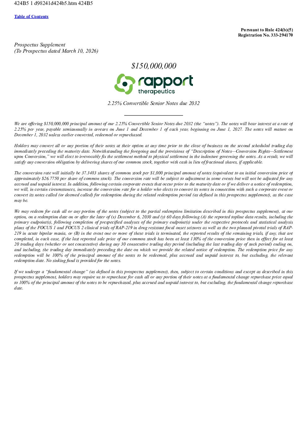 Rapport Therapeutics Inc美股招股说明书(2026-10-30版)