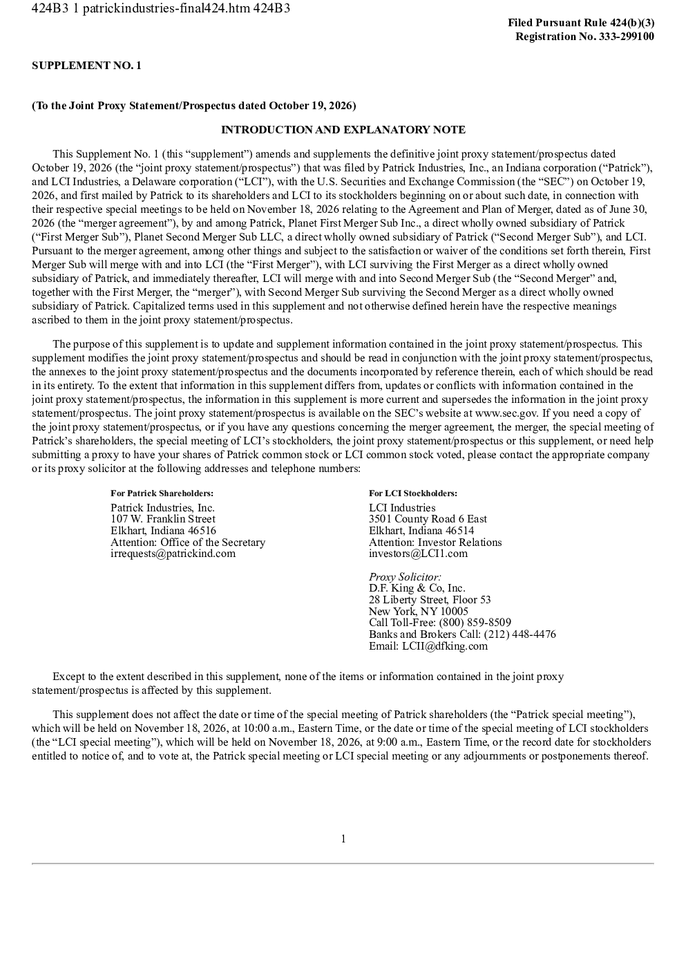 Patrick Industries Inc美股招股说明书(2026-10-30版)