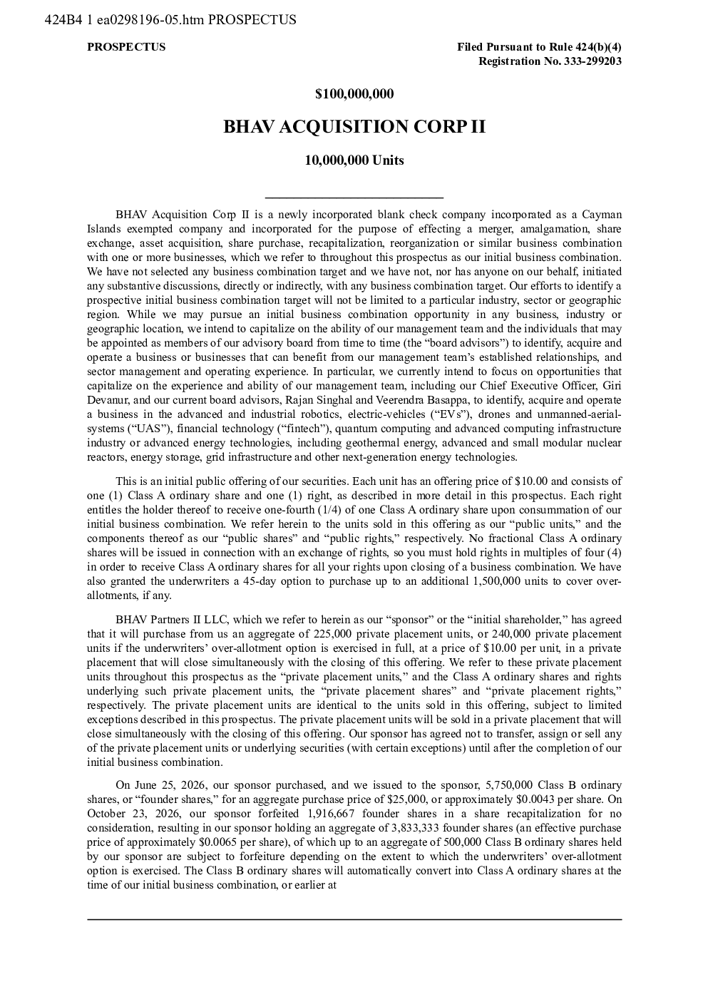BHAV Acquisition Corp II-A美股招股说明书(2026-10-30版)