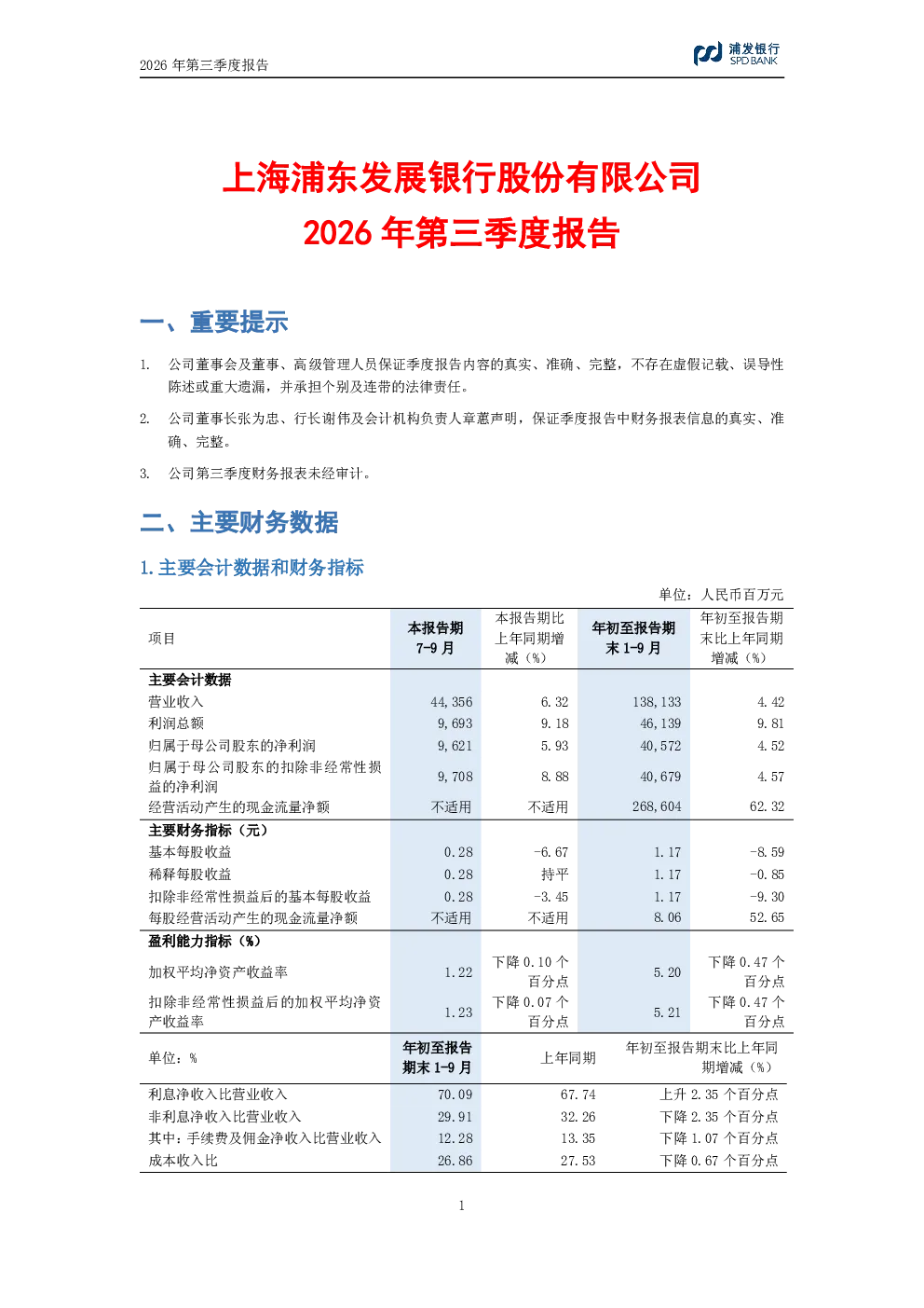 浦发银行：2026年第三季度报告